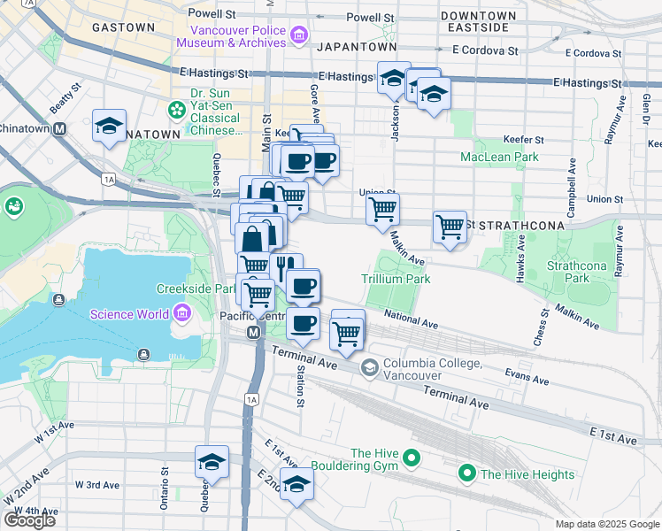 map of restaurants, bars, coffee shops, grocery stores, and more near 1002 Station Street in Vancouver
