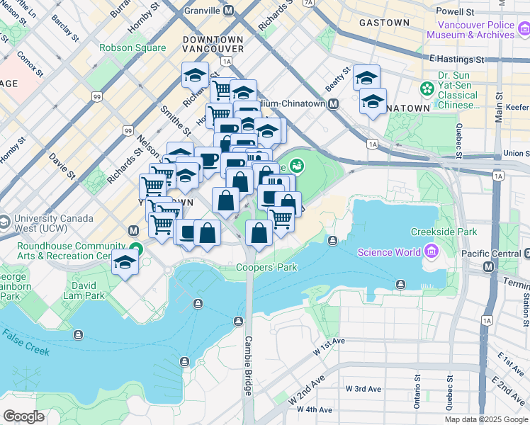 map of restaurants, bars, coffee shops, grocery stores, and more near 68 Smithe Street in Vancouver