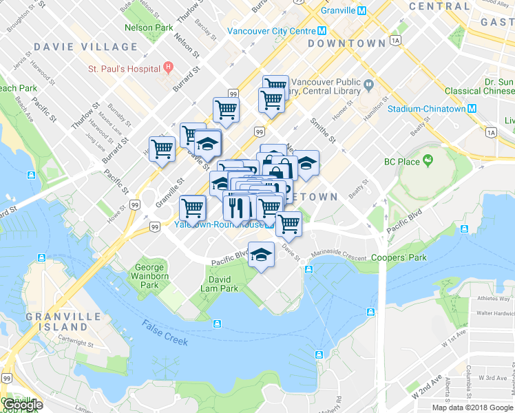 map of restaurants, bars, coffee shops, grocery stores, and more near 1226 Homer Street in Vancouver