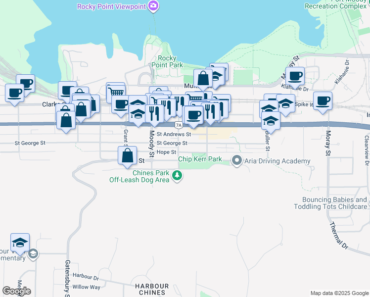map of restaurants, bars, coffee shops, grocery stores, and more near in Port Moody