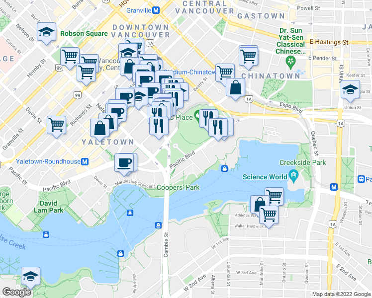 map of restaurants, bars, coffee shops, grocery stores, and more near 812 Pacific Boulevard in Vancouver