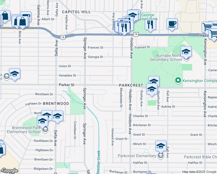 map of restaurants, bars, coffee shops, grocery stores, and more near 5450 Parker Street in Burnaby