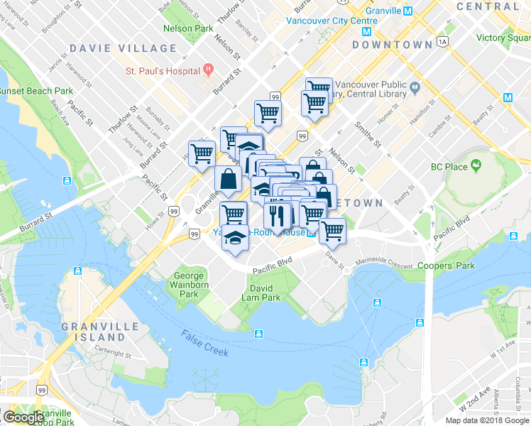 map of restaurants, bars, coffee shops, grocery stores, and more near 1240 Richards Street in Vancouver