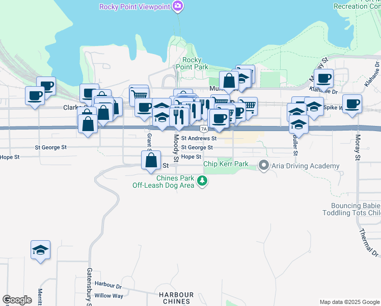 map of restaurants, bars, coffee shops, grocery stores, and more near 2834 Hope Street in Port Moody