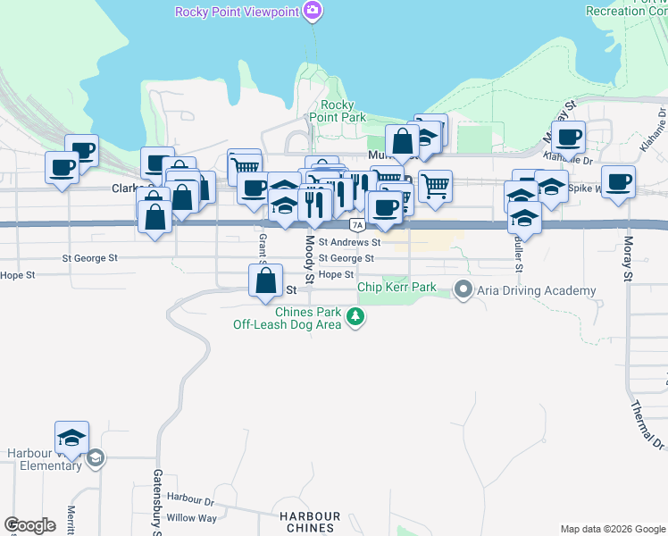 map of restaurants, bars, coffee shops, grocery stores, and more near 2822 Hope Street in Port Moody