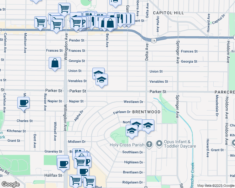 map of restaurants, bars, coffee shops, grocery stores, and more near 4734 Parker Street in Burnaby