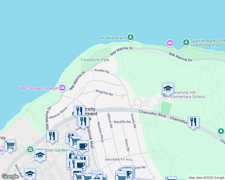map of restaurants, bars, coffee shops, grocery stores, and more near 5570 Newton Wynd in Vancouver
