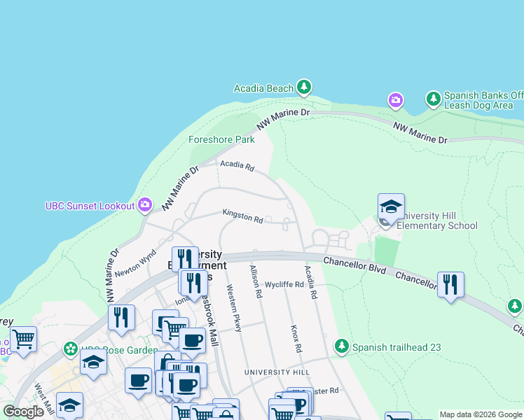 map of restaurants, bars, coffee shops, grocery stores, and more near 5570 Newton Wynd in Vancouver