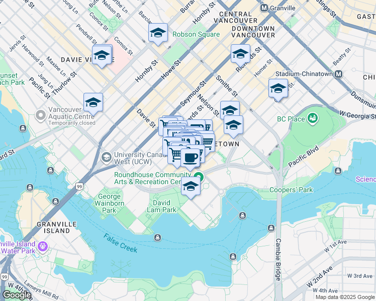 map of restaurants, bars, coffee shops, grocery stores, and more near 1180 Homer Street in Vancouver