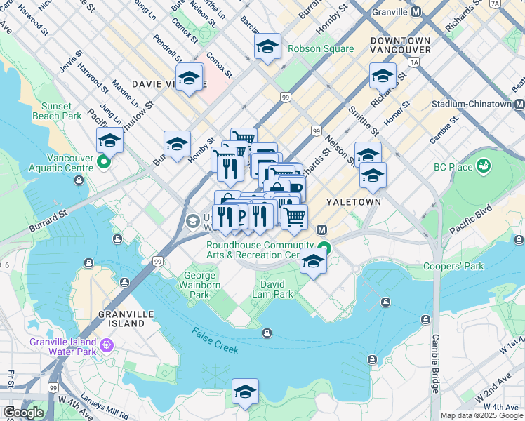 map of restaurants, bars, coffee shops, grocery stores, and more near 1265 Richards Street in Vancouver