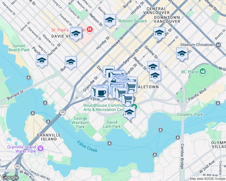map of restaurants, bars, coffee shops, grocery stores, and more near 1238 Richards Street in Vancouver