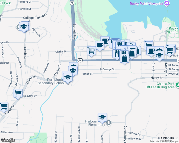 map of restaurants, bars, coffee shops, grocery stores, and more near 2201 Saint George Street in Port Moody