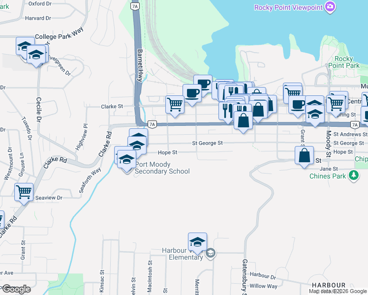 map of restaurants, bars, coffee shops, grocery stores, and more near 2208 Hope Street in Port Moody