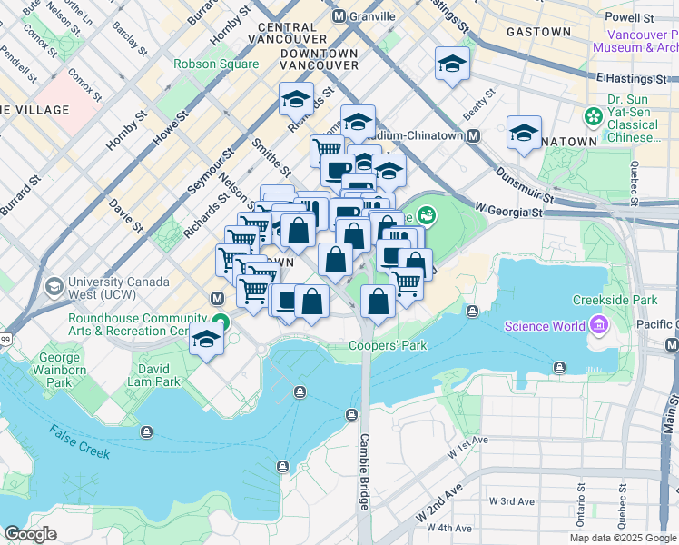 map of restaurants, bars, coffee shops, grocery stores, and more near 990 Beatty Street in Vancouver