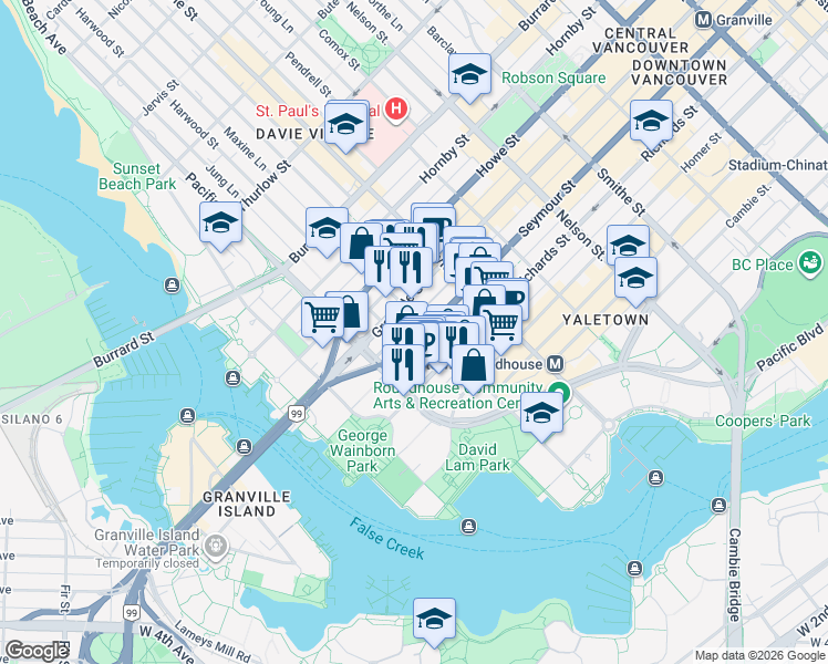 map of restaurants, bars, coffee shops, grocery stores, and more near 600 Drake Street in Vancouver