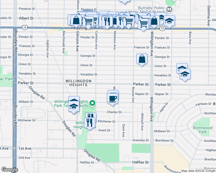 map of restaurants, bars, coffee shops, grocery stores, and more near 4264 Parker Street in Burnaby