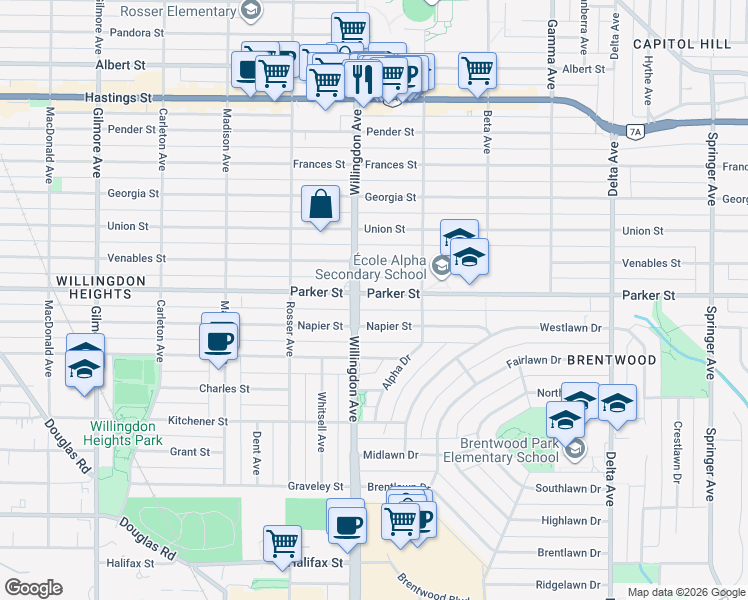 map of restaurants, bars, coffee shops, grocery stores, and more near 4516 Parker Street in Burnaby