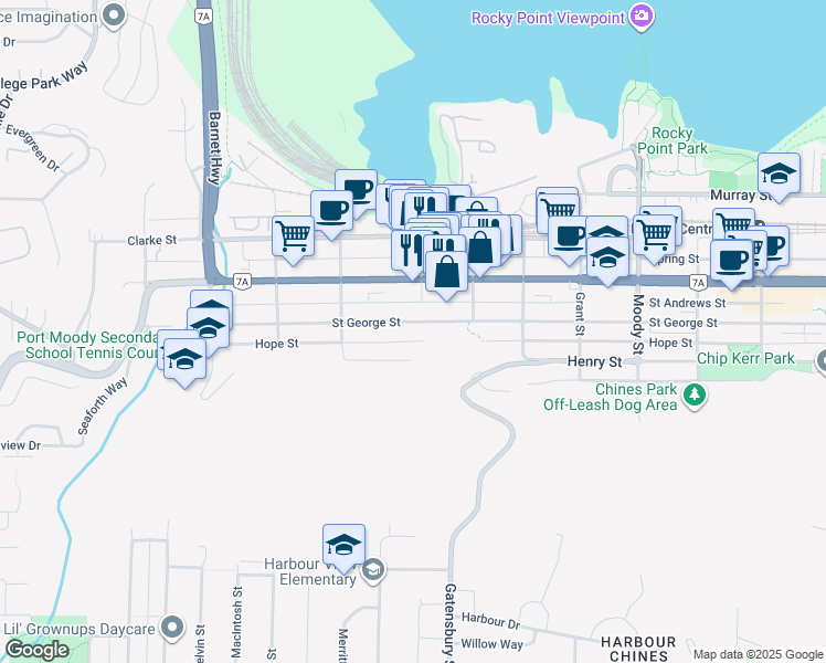 map of restaurants, bars, coffee shops, grocery stores, and more near 2337 Saint George Street in Port Moody