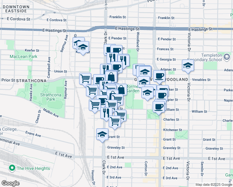 map of restaurants, bars, coffee shops, grocery stores, and more near 1022 Odlum Drive in Vancouver