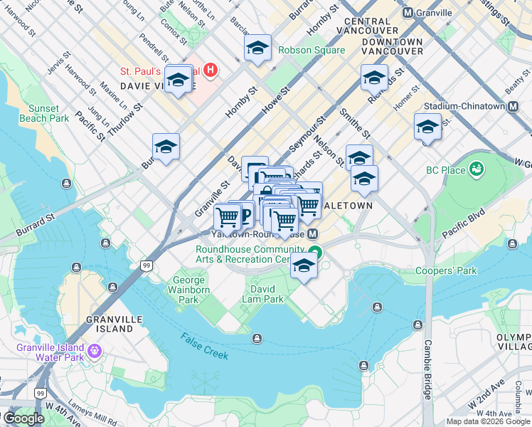 map of restaurants, bars, coffee shops, grocery stores, and more near in Vancouver