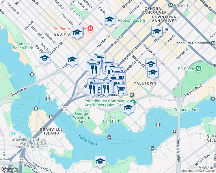 map of restaurants, bars, coffee shops, grocery stores, and more near 1263 Richards Street in Vancouver