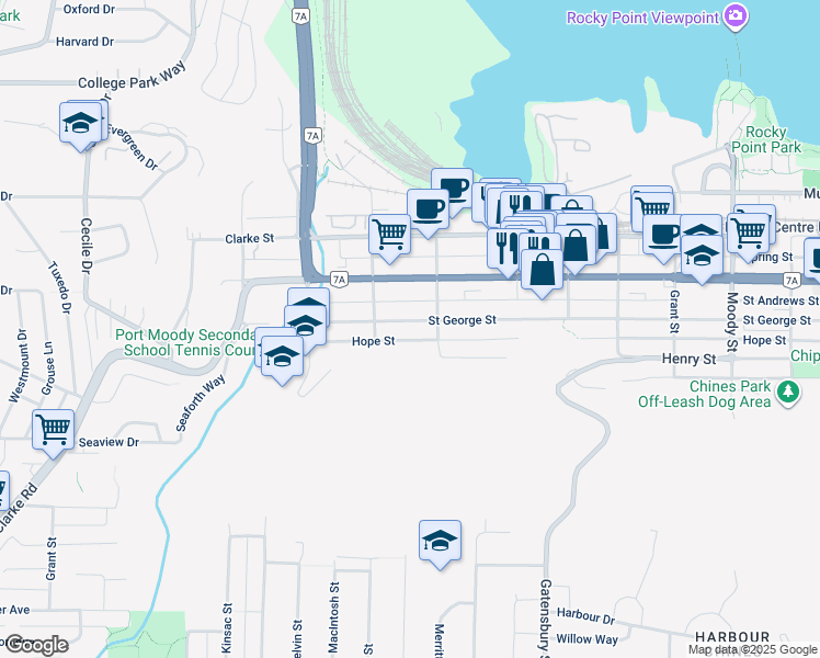 map of restaurants, bars, coffee shops, grocery stores, and more near 2217 Saint George Street in Port Moody