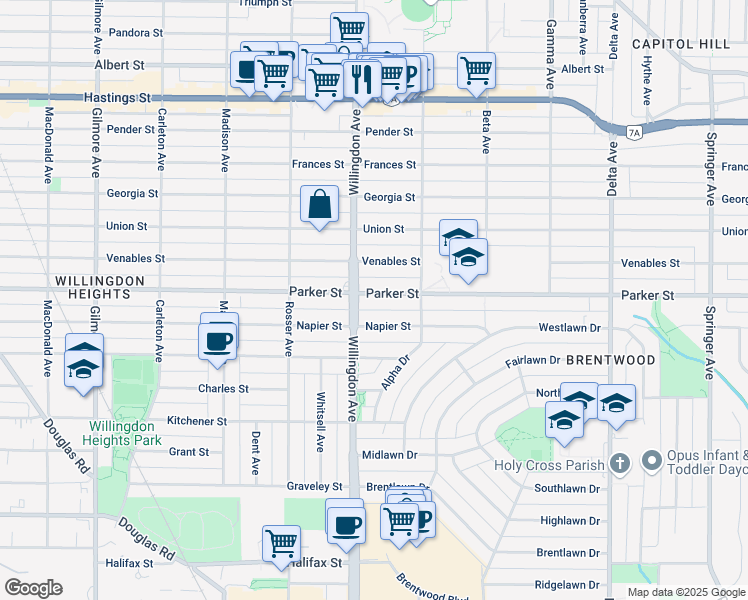 map of restaurants, bars, coffee shops, grocery stores, and more near 4516 Parker Street in Burnaby