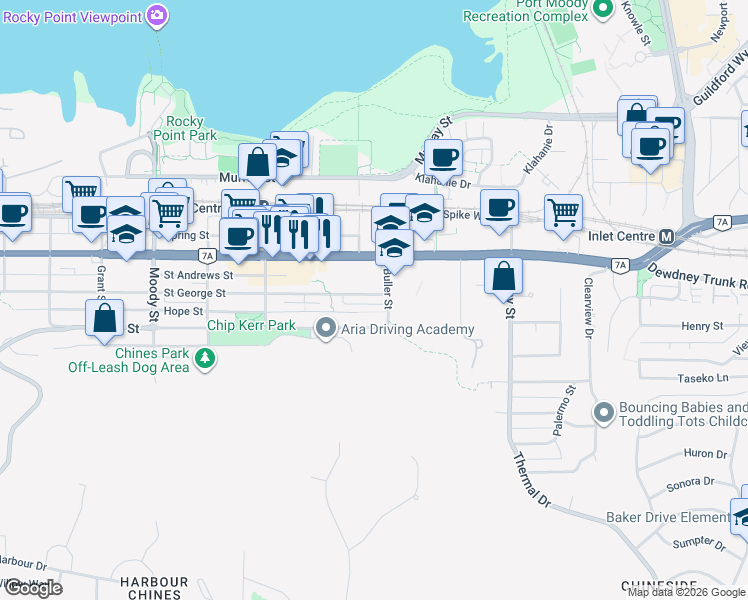 map of restaurants, bars, coffee shops, grocery stores, and more near 3111 Saint George Street in Port Moody