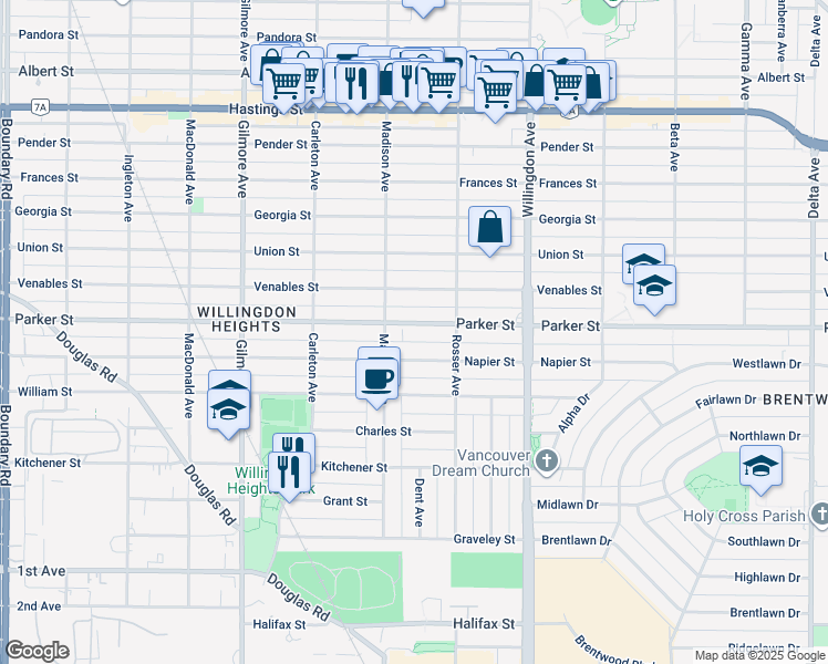 map of restaurants, bars, coffee shops, grocery stores, and more near 4342 Parker Street in Burnaby