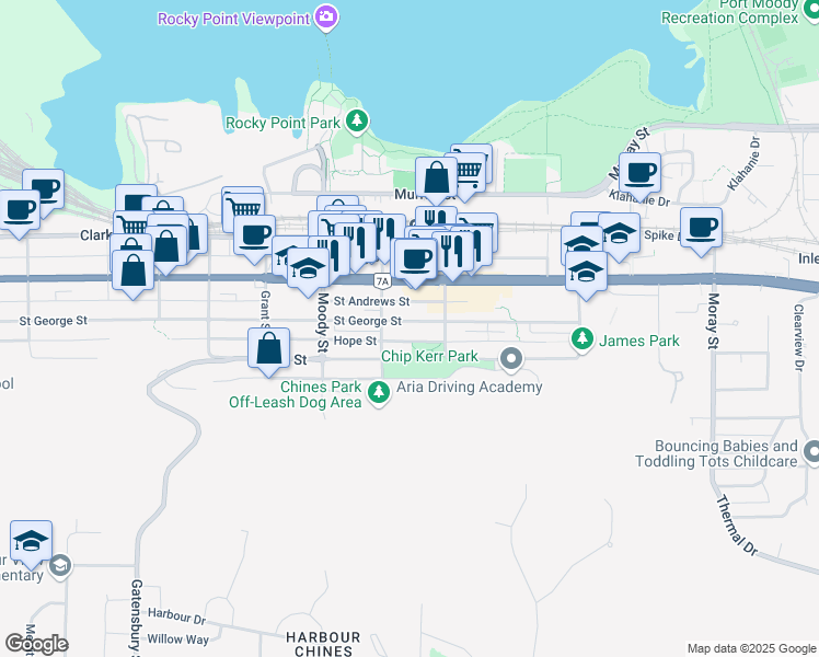 map of restaurants, bars, coffee shops, grocery stores, and more near 2913 Saint George Street in Port Moody