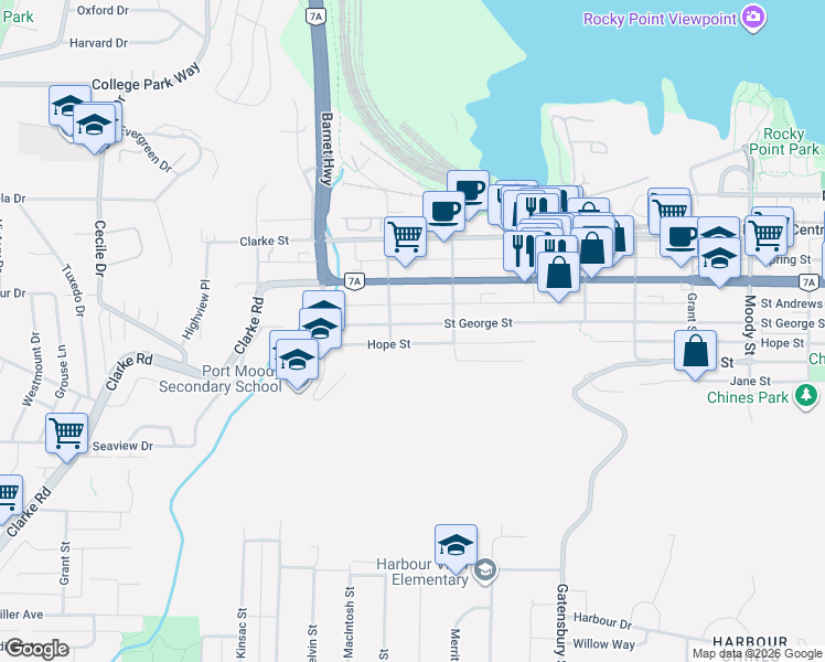 map of restaurants, bars, coffee shops, grocery stores, and more near 2209 Saint George Street in Port Moody