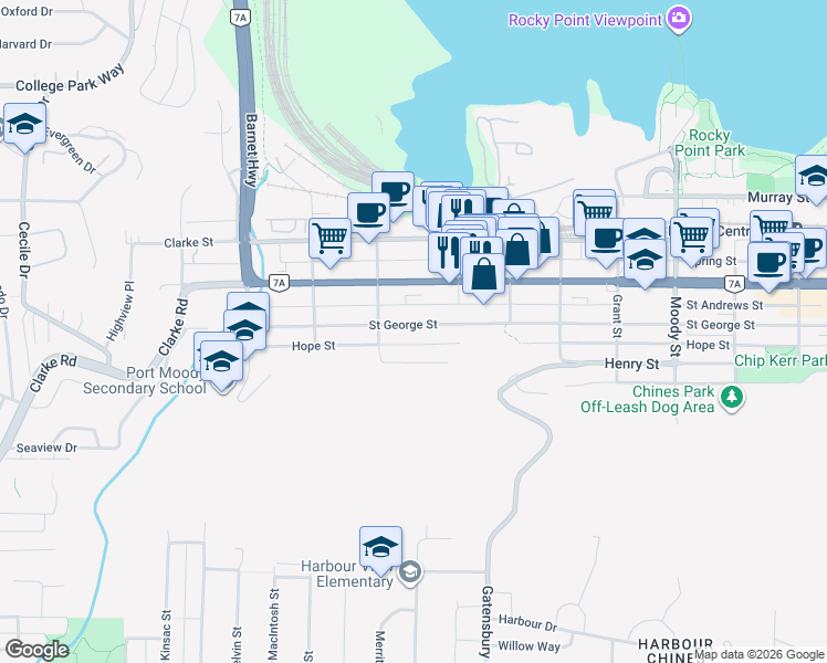 map of restaurants, bars, coffee shops, grocery stores, and more near 2317 Saint George Street in Port Moody