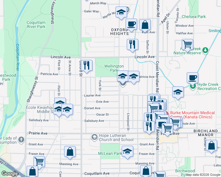 map of restaurants, bars, coffee shops, grocery stores, and more near 1760 Jensen Avenue in Port Coquitlam