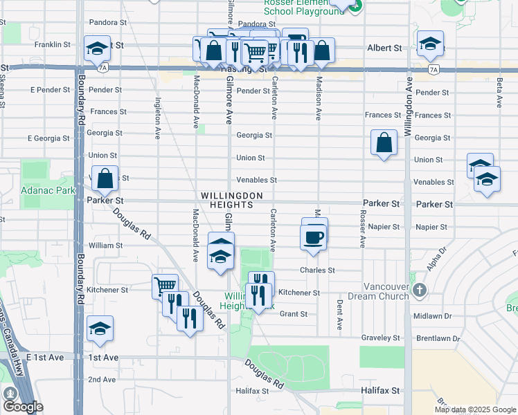 map of restaurants, bars, coffee shops, grocery stores, and more near 4152 Parker Street in Burnaby