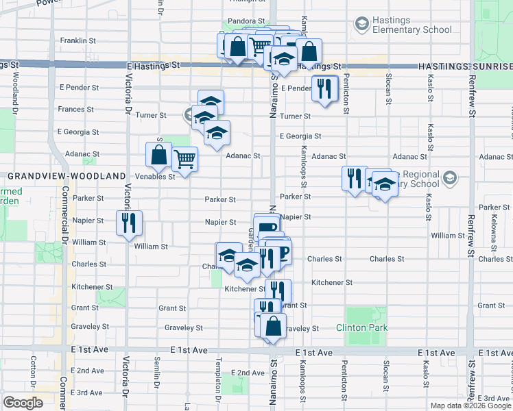 map of restaurants, bars, coffee shops, grocery stores, and more near 2310 Parker Street in Vancouver