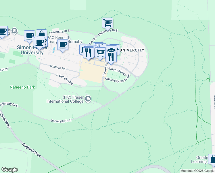 map of restaurants, bars, coffee shops, grocery stores, and more near 8999 Nelson Way in Burnaby