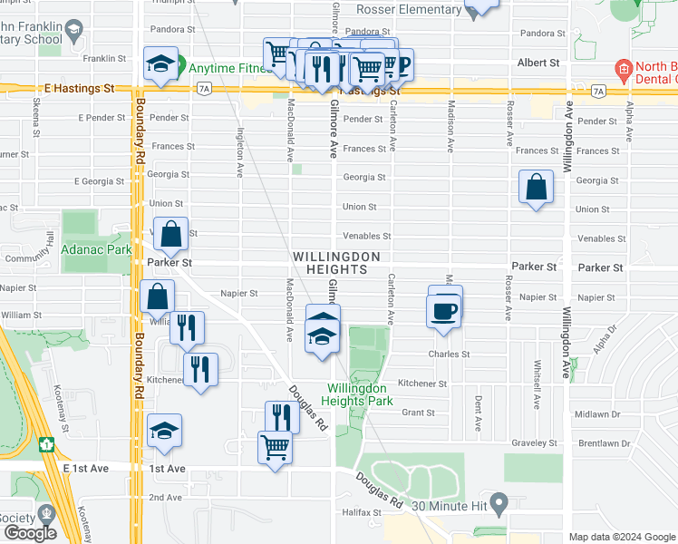 map of restaurants, bars, coffee shops, grocery stores, and more near 1020 Gilmore Avenue in Burnaby