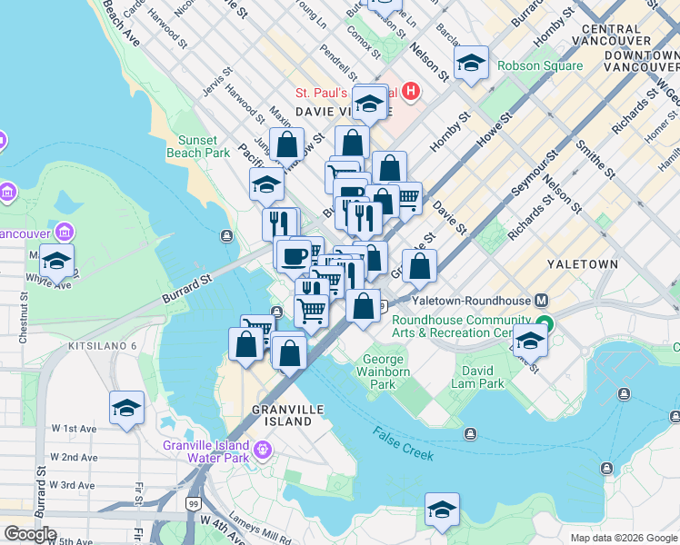 map of restaurants, bars, coffee shops, grocery stores, and more near 1455 Howe Street in Vancouver