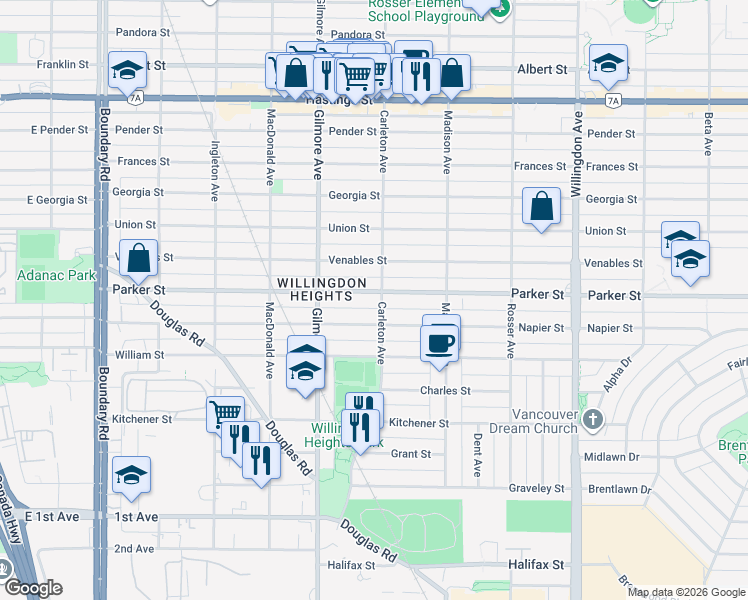 map of restaurants, bars, coffee shops, grocery stores, and more near 4168 Parker Street in Burnaby