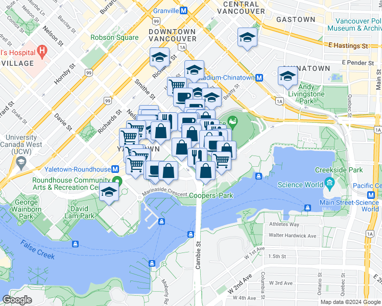 map of restaurants, bars, coffee shops, grocery stores, and more near 955 Expo Boulevard in Vancouver