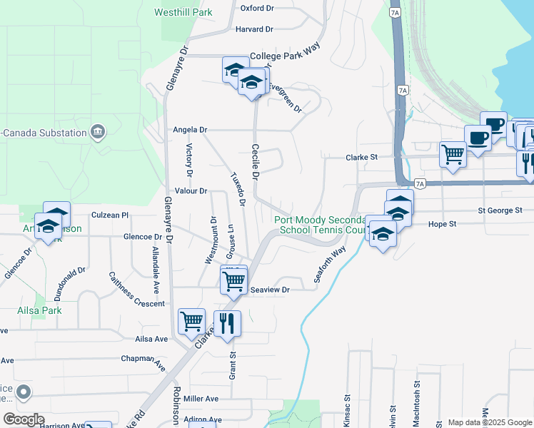 map of restaurants, bars, coffee shops, grocery stores, and more near 1037 Cecile Drive in Port Moody