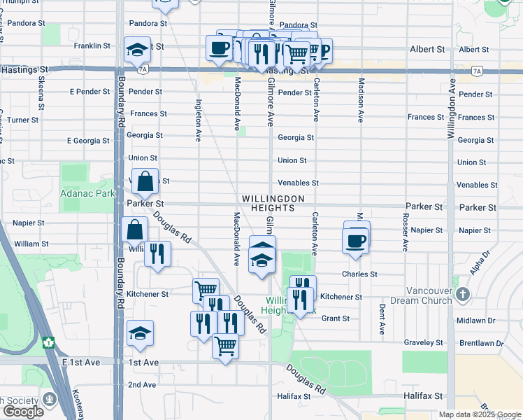 map of restaurants, bars, coffee shops, grocery stores, and more near 4044 Parker Street in Burnaby
