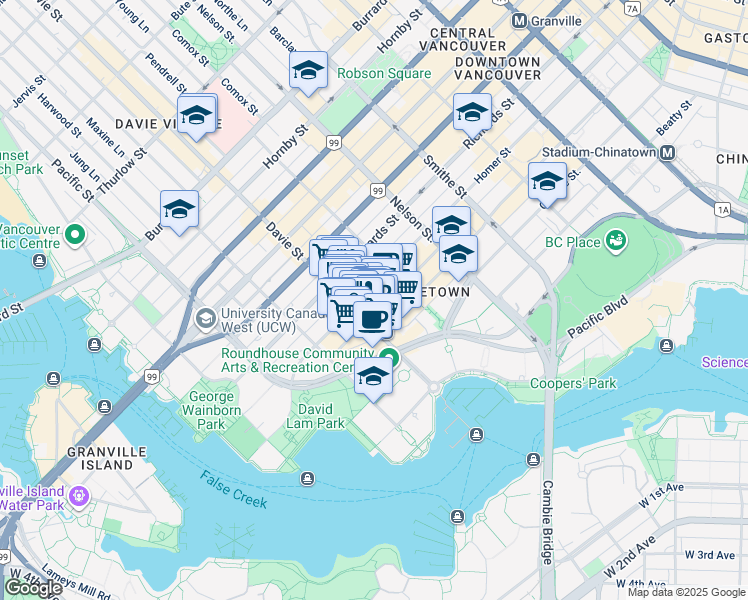 map of restaurants, bars, coffee shops, grocery stores, and more near 1226 Homer Street in Vancouver