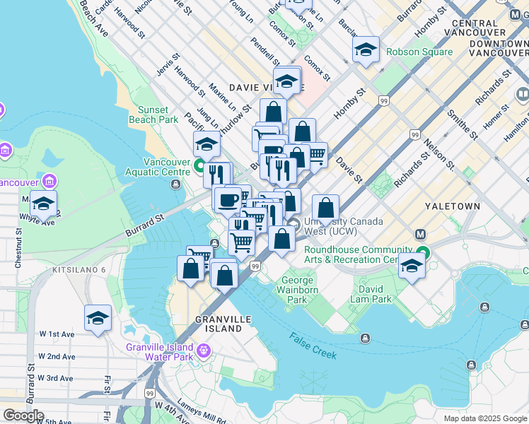 map of restaurants, bars, coffee shops, grocery stores, and more near 1455 Howe Street in Vancouver