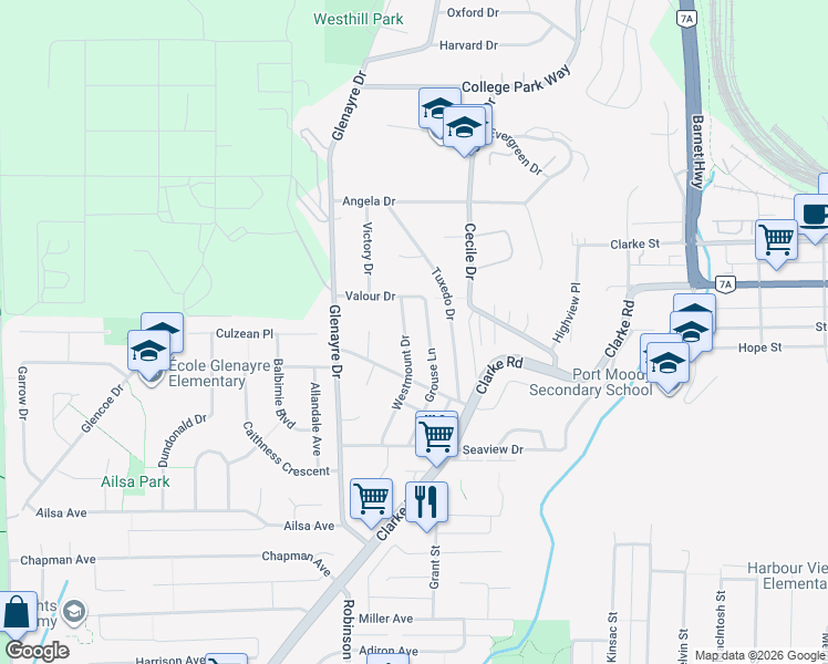 map of restaurants, bars, coffee shops, grocery stores, and more near 1022 Westmount Drive in Port Moody