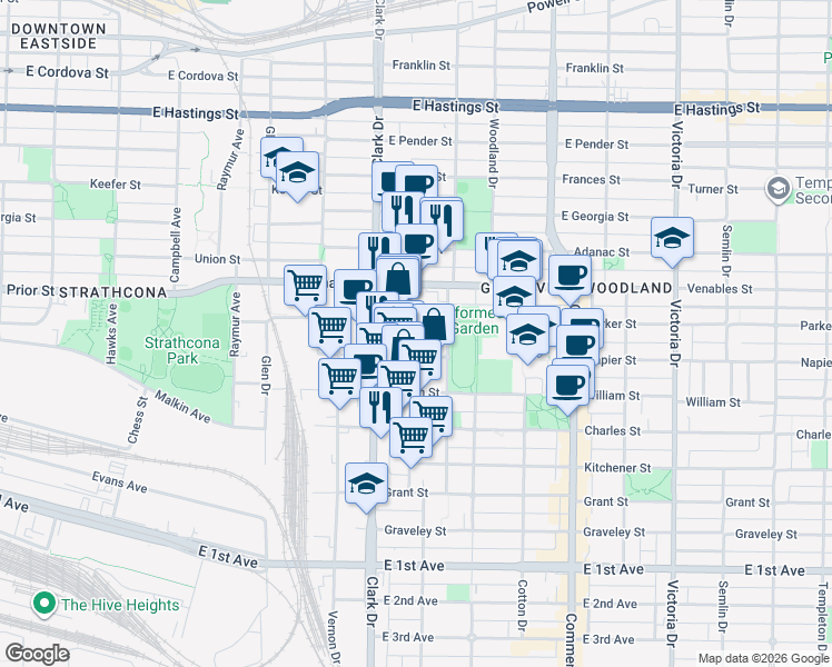 map of restaurants, bars, coffee shops, grocery stores, and more near 1018 Odlum Drive in Vancouver