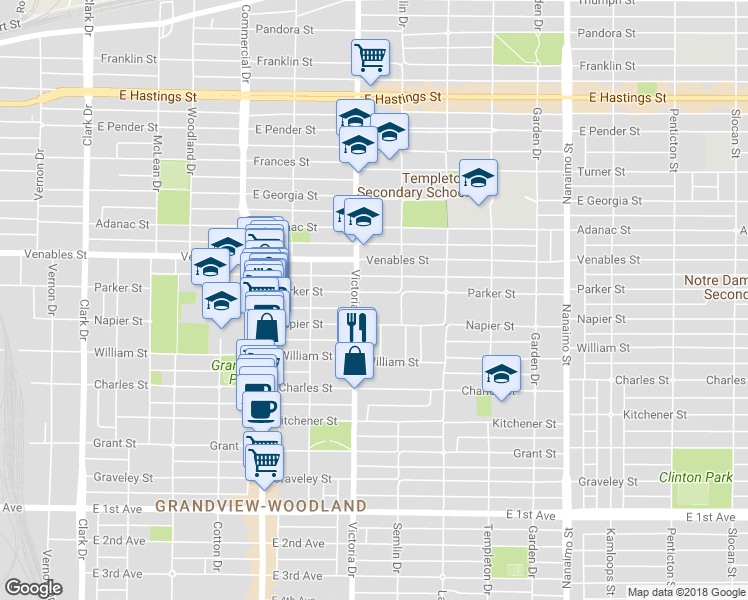 map of restaurants, bars, coffee shops, grocery stores, and more near 1924 Parker Street in Vancouver