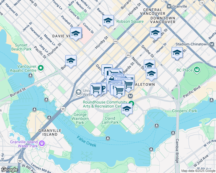 map of restaurants, bars, coffee shops, grocery stores, and more near in Vancouver