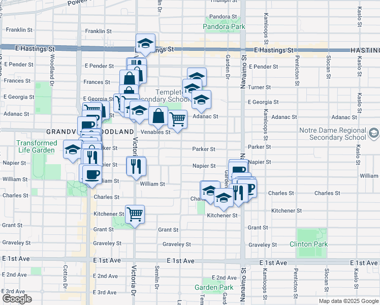 map of restaurants, bars, coffee shops, grocery stores, and more near 2130 Parker Street in Vancouver
