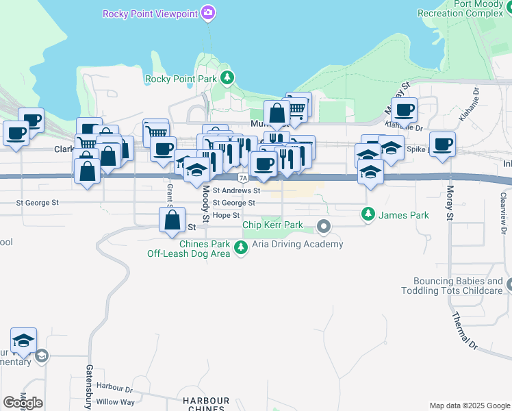 map of restaurants, bars, coffee shops, grocery stores, and more near in Port Moody